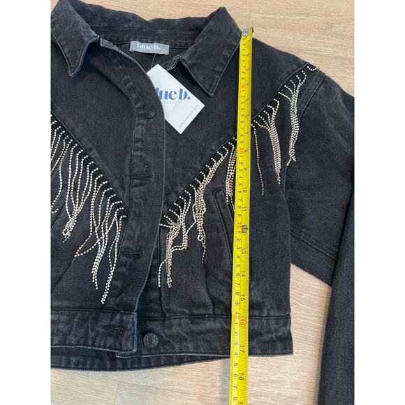 Blue B Rhinestone Fringe Denim Jacket Size Small Black Western Concert Rodeo - Picture 4 of 9